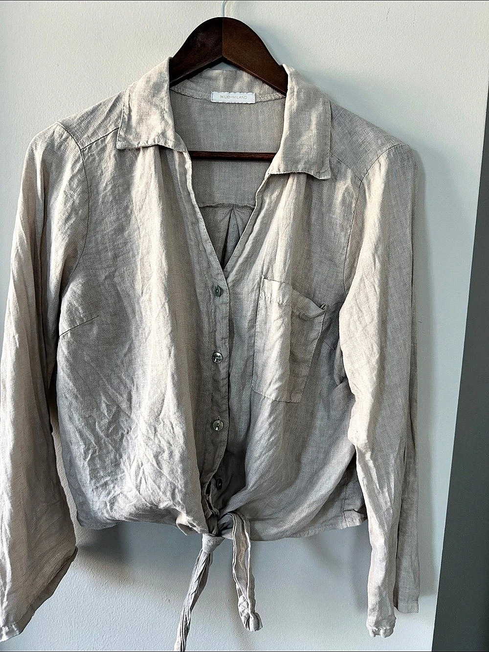 Drawstring Hem Button Down in Neutral Linen New - Picture 1 of 3